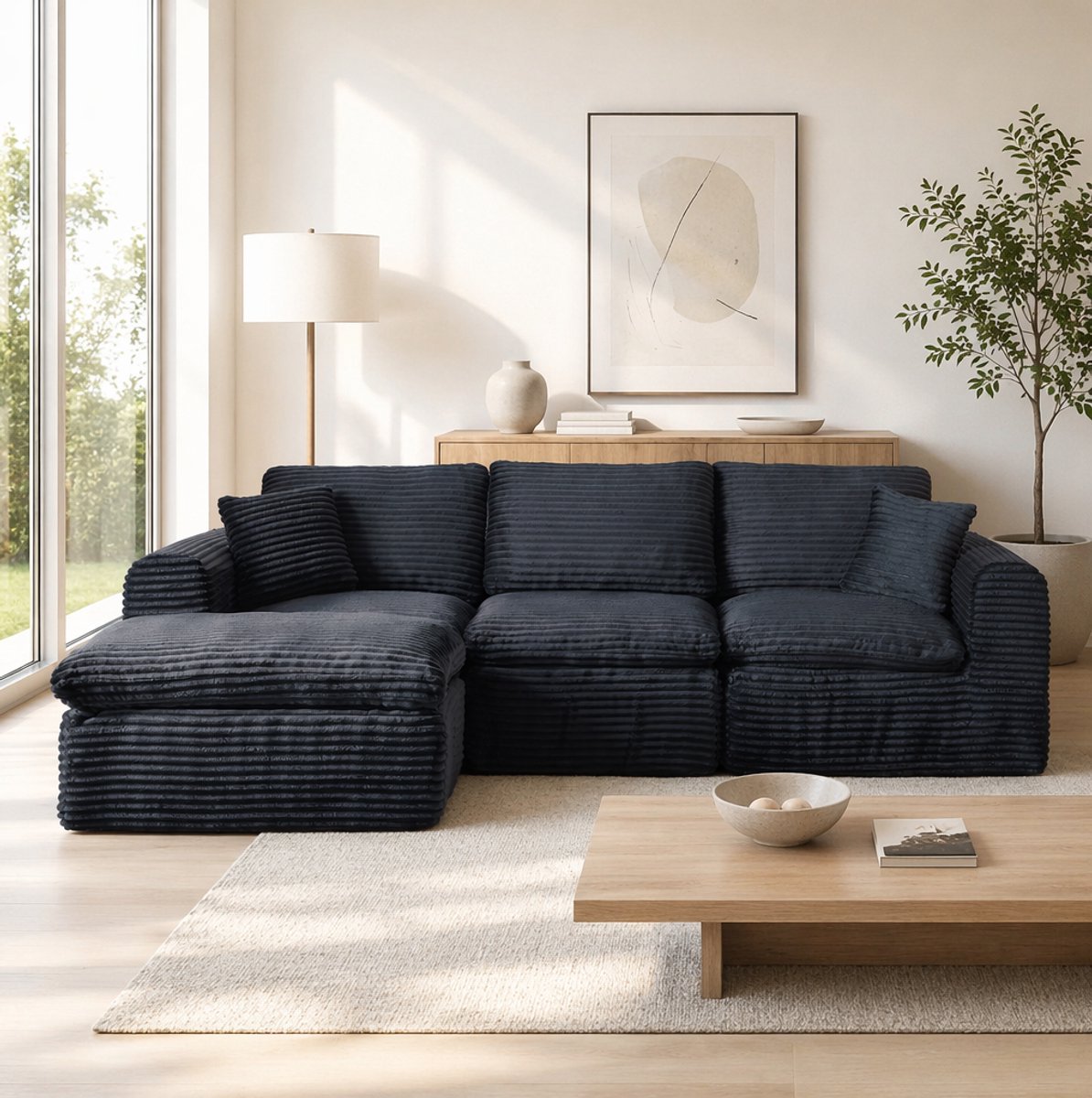 MODENUIT Hoekbank 280 cm - Modulair 3-delig Met Slaapfunctie - Voor Woonkamer En Studio - Stof - Black+Blue