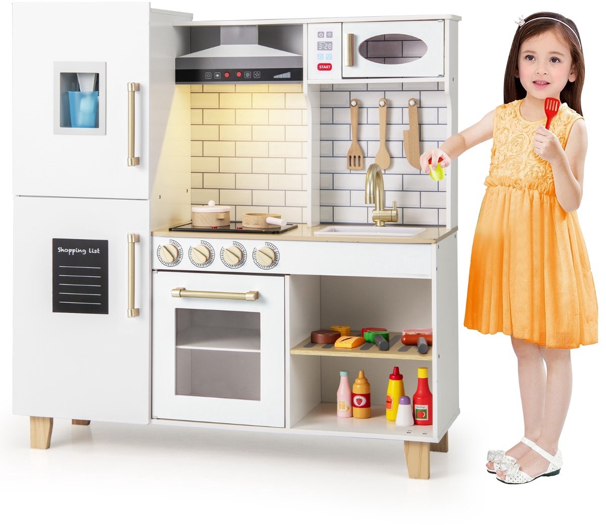 SureDeal® - Rollenspell - Kinderkeuken Houten Speelkeuken - Ijsblokjesmachine Afzuigkap Krijtbord - Licht - Geluid Wit - 92x30x98 cm - Wit