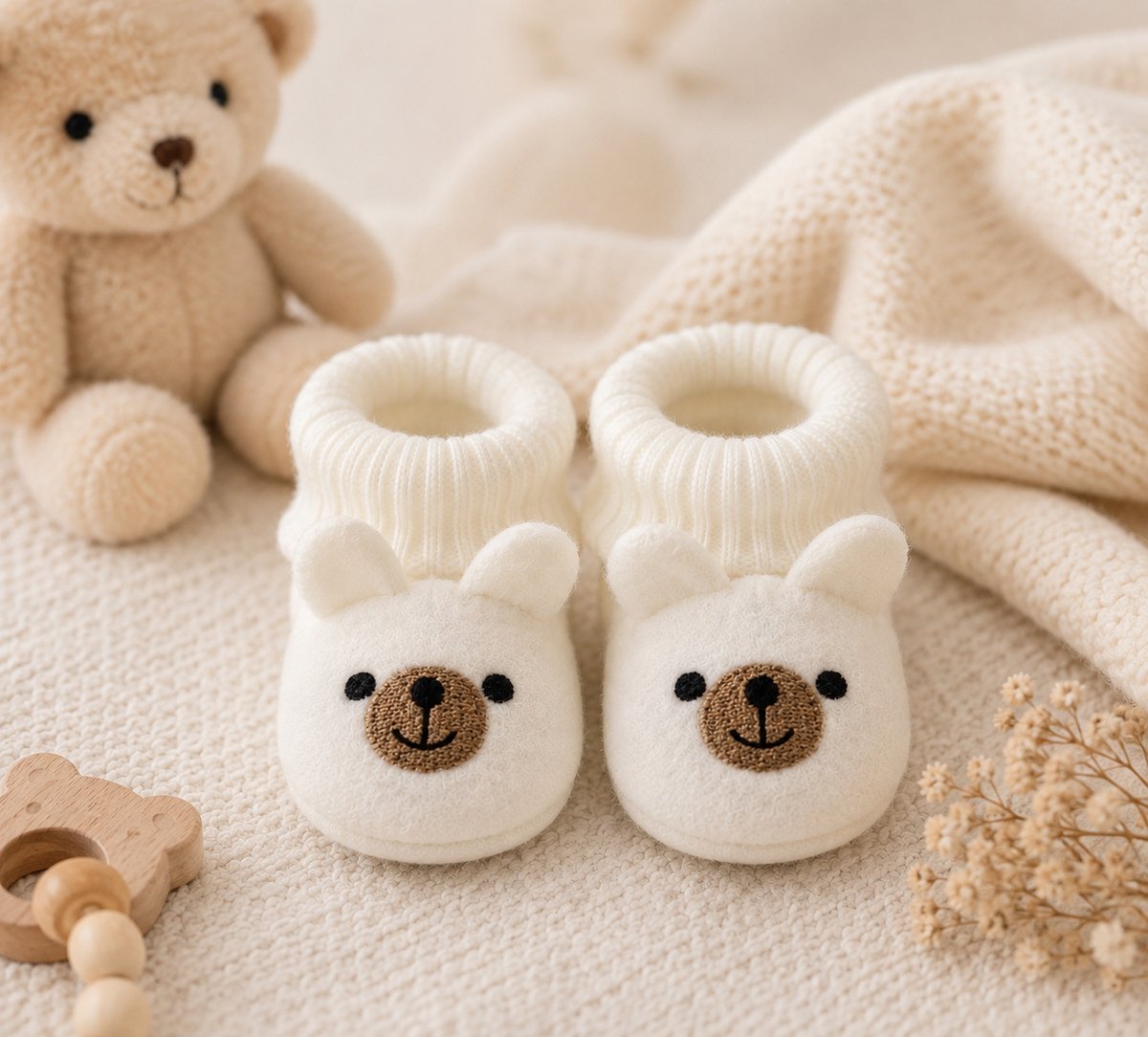 Baby Slofjes Beer – Zachte Babyslofjes met Teddybeer – Gebreide Babyschoentjes – Unisex – Kraamcadeau