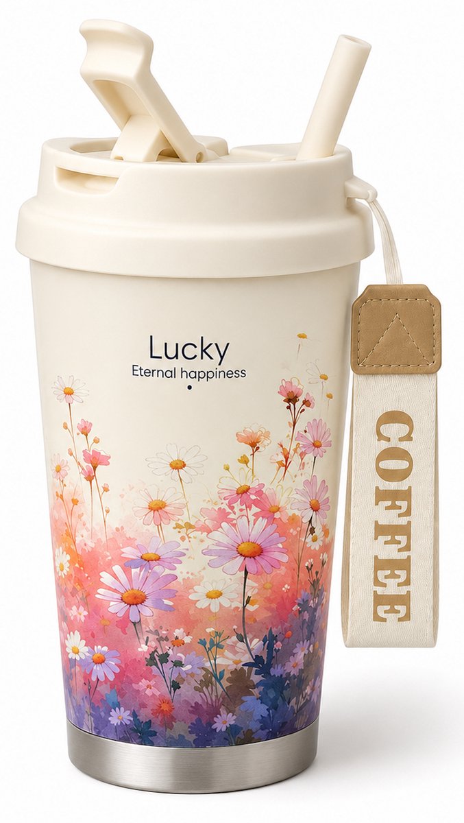 Koffiebeker To Go – Thermosbeker – RVS 500 ML – Rietje – Bloemen