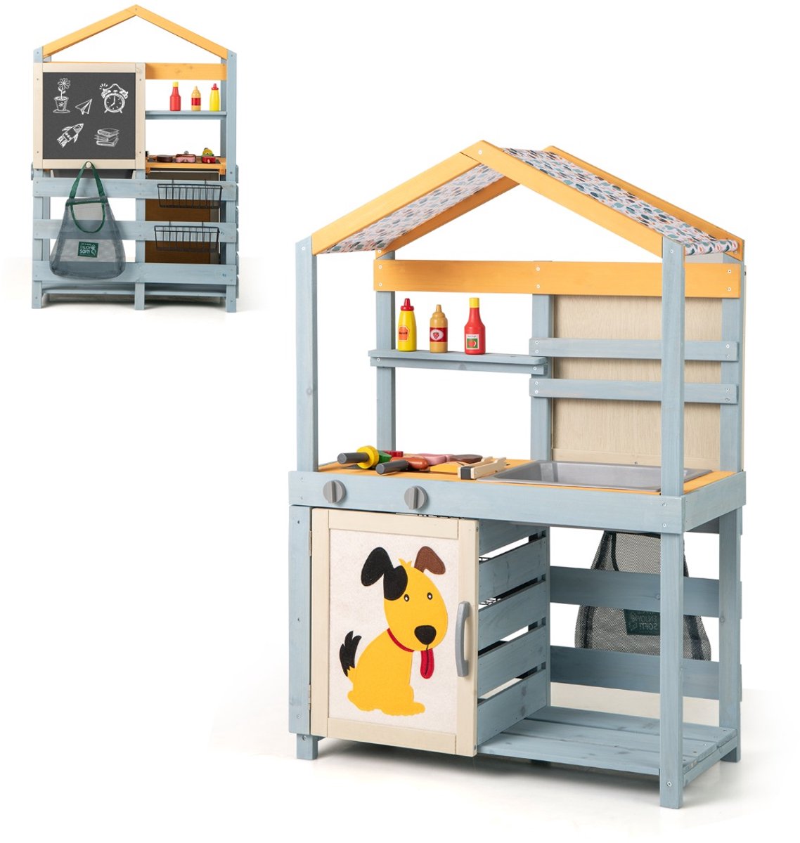 SureDeal® - Rollenspell - Modderkeuken - Kinderen Buiten Houten - Tas - Manden Plank Speelkeuken - Verwijderbare Gootsteen - 75x34x111 cm - Grijs
