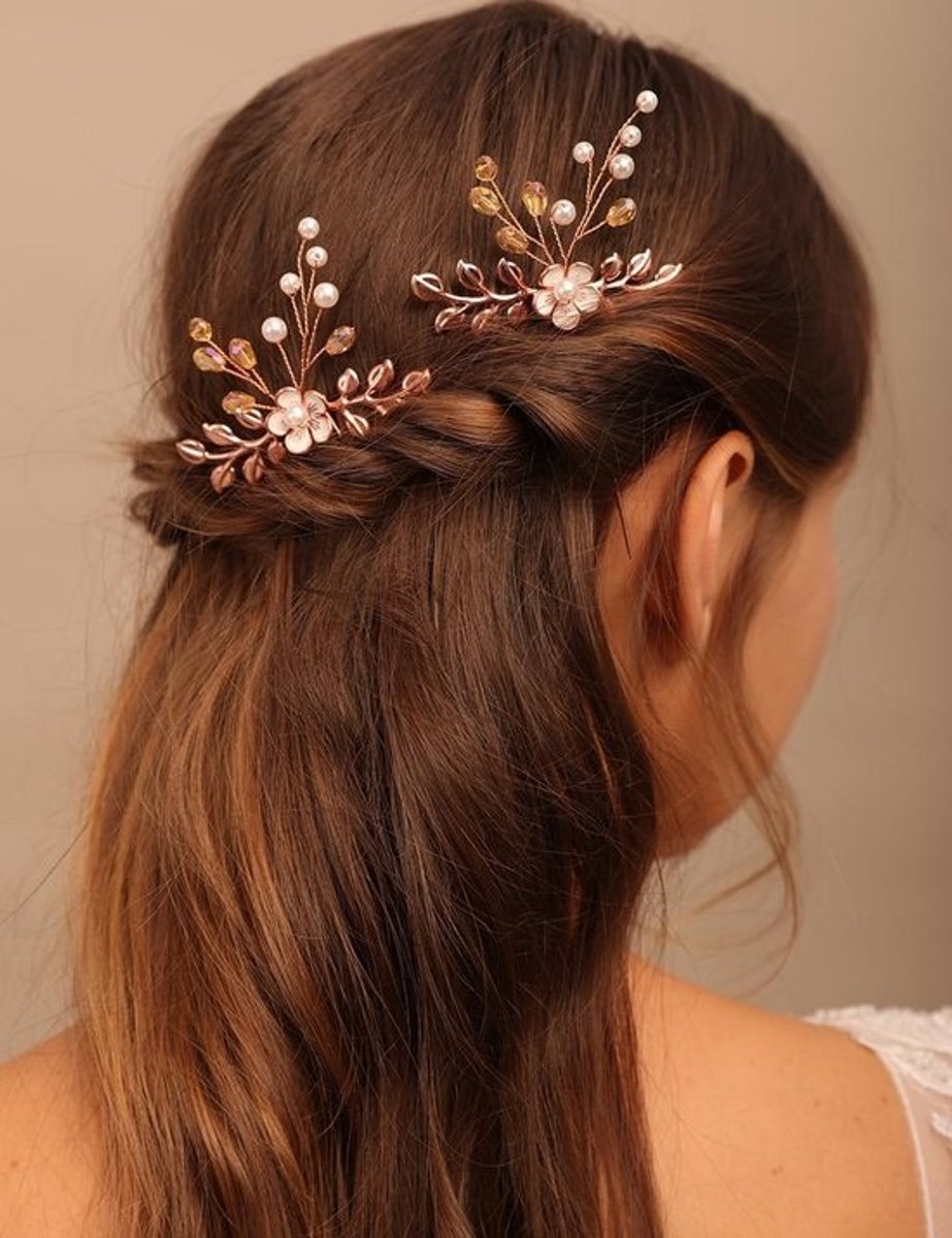 Set van 2 Bloemvormige Haarspelden met Parels en Strass in Roségoud voor Bruiloften