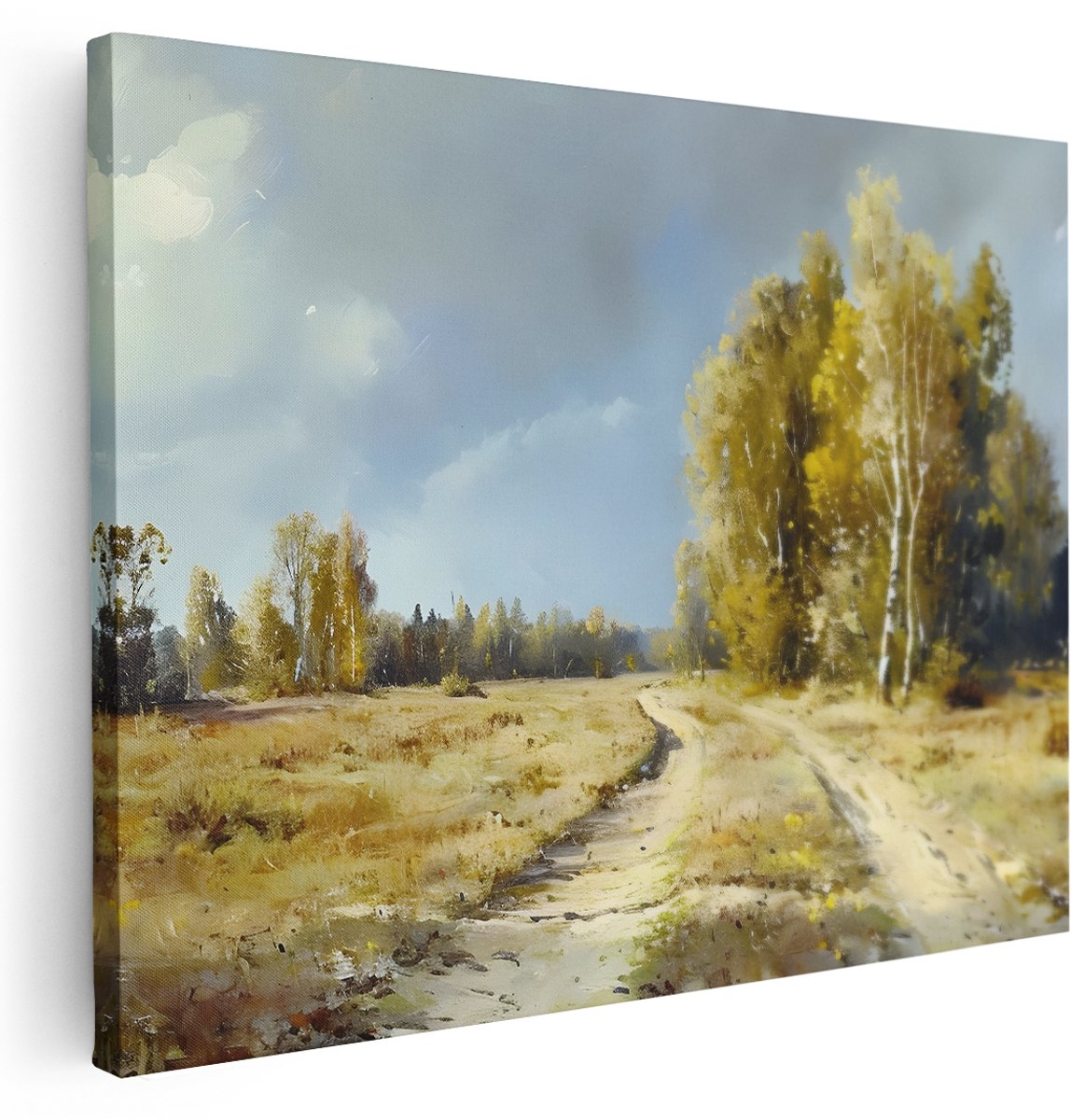 Artaza Canvas Schilderij Natuur - 160x120 cm - Groot - Wanddecoratie Landschap Veld - Muurdecoratie Berkenbomen Herfst - Kamer Accessoires Woonkamer