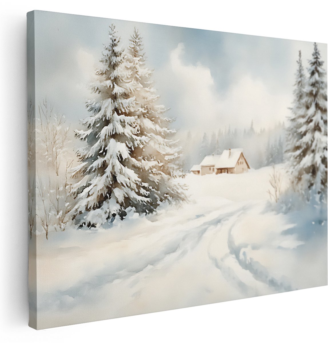 Artaza Canvas Schilderij Besneeuwd Bos - 160x120 cm - Groot - Wanddecoratie Huisje In Sneeuw - Muurdecoratie Landschap - Decoratie Woonkamer