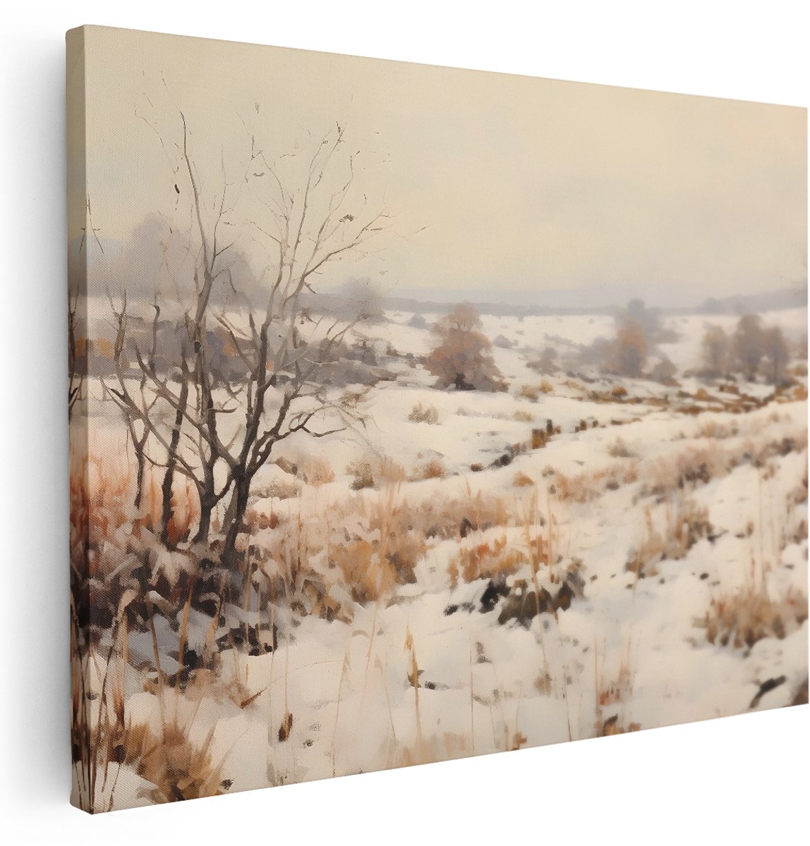 Artaza Canvas Schilderij Landschap - 160x120 cm - Groot - Wanddecoratie Winter - Muurdecoratie Natuur - Kamer Accessoires Kale Bomen - Beige