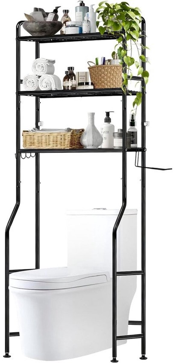 Invalideerbaar Wasmachine Rek Boven Wasmachine - Toiletkast met 3 Planken en Handdoekhouder - Zwart