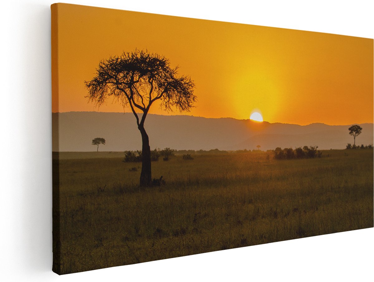 Artaza Canvas Schilderij Zonsopgang In De Savanne Met Een Boom - 180x90 cm - Groot - Wanddecoratie Woonkamer - Schilderijen - Muurdecoratie
