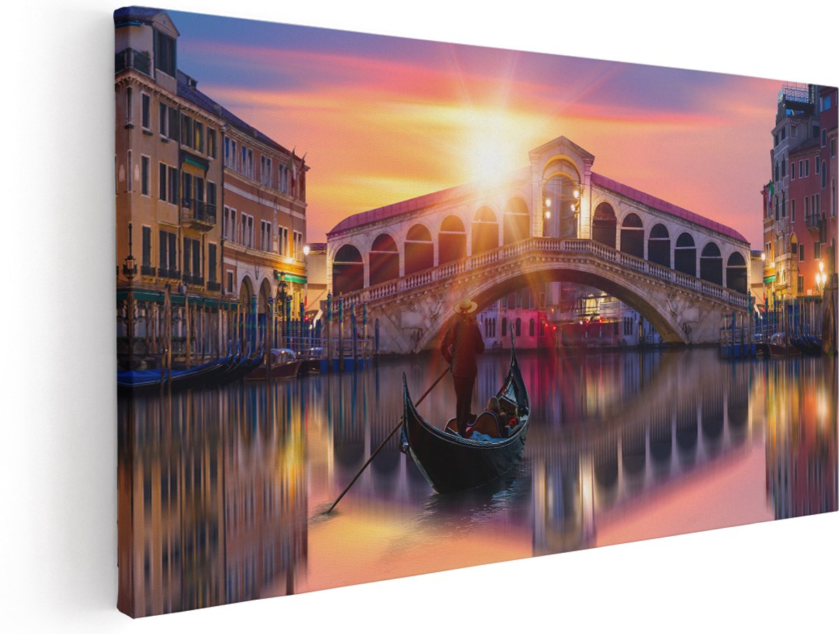 Artaza Canvas Schilderij Gondel bij de Rialtobrug in Venetië, Italië - 180x90 cm - Groot - Wanddecoratie Woonkamer - Schilderijen - Muurdecoratie