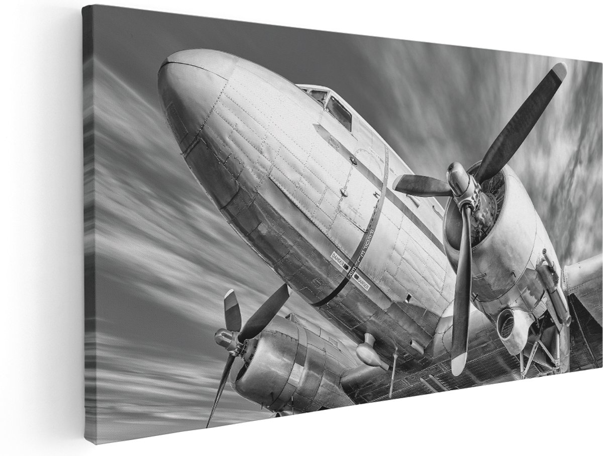 Artaza Canvas Schilderij Oud Vliegtuig Op De Landingsbaan - 180x90 cm - Groot - Wanddecoratie Woonkamer - Schilderijen - Muurdecoratie
