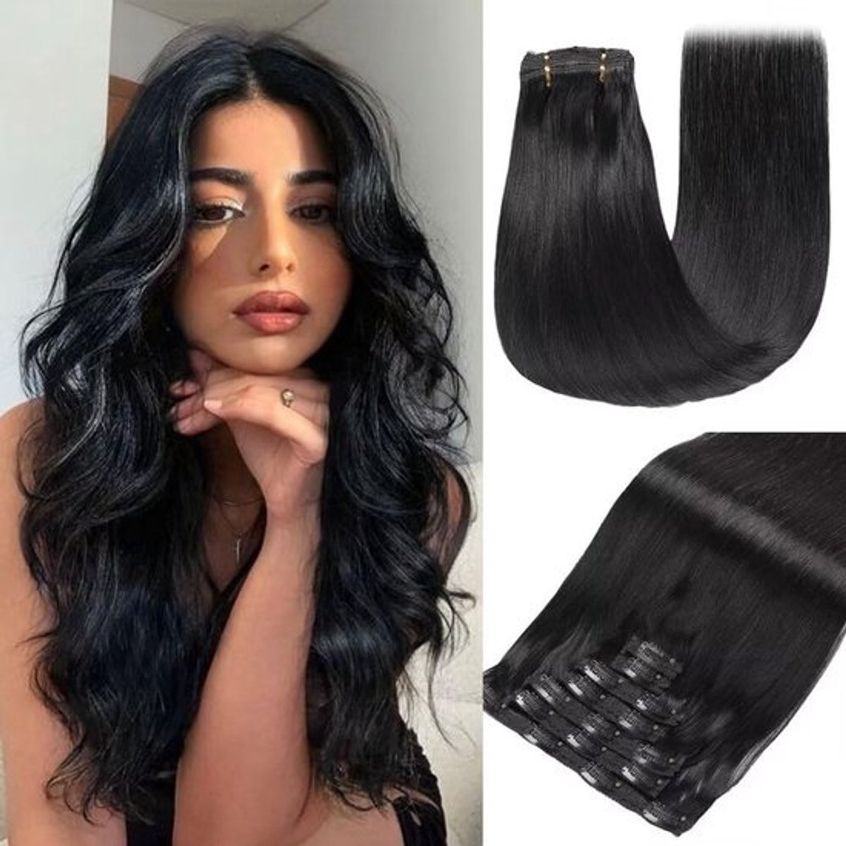 Onzichtbare Clip-in Extensions Menselijk Haar 7 Delen 50 cm 120 gram Extreem Zwart