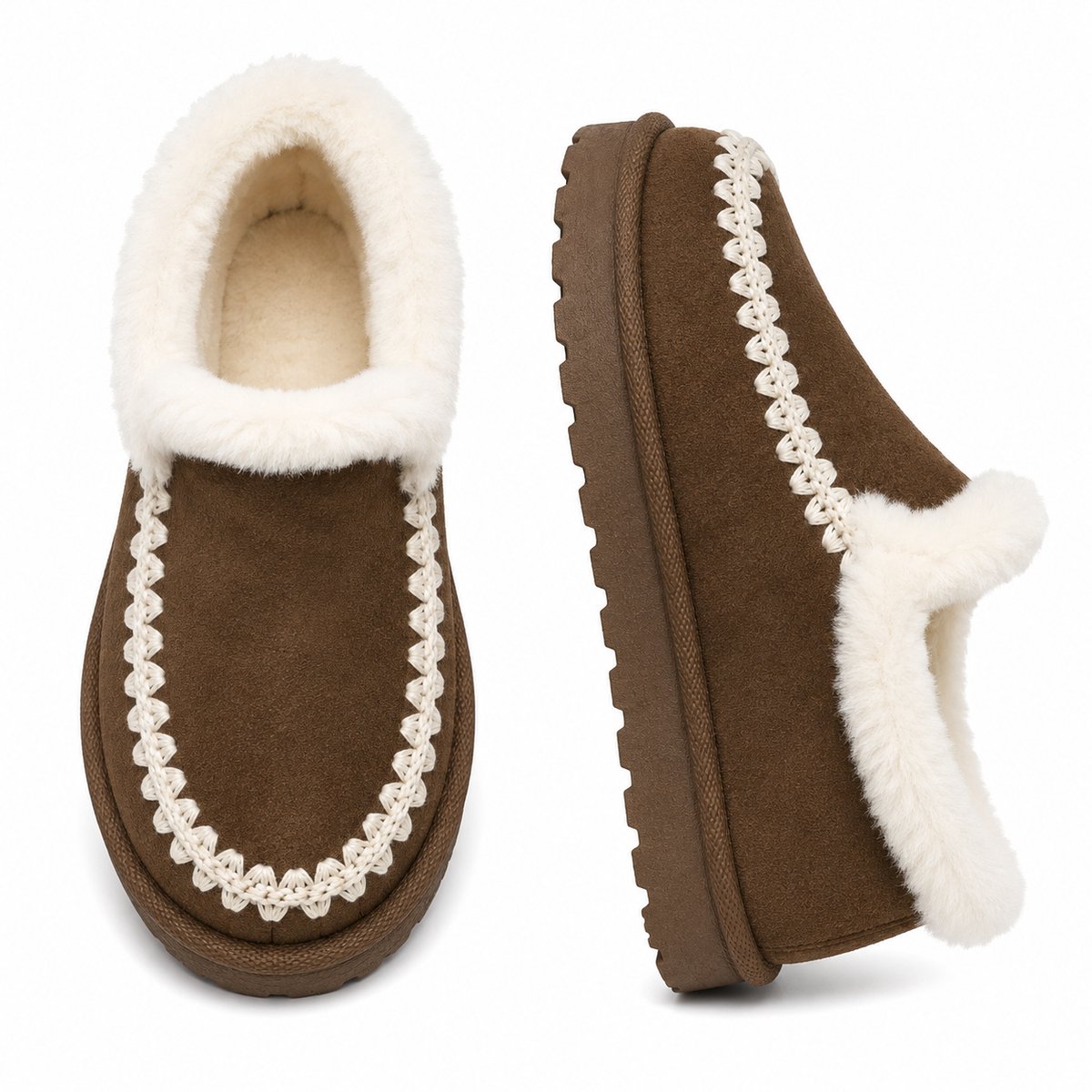 Dames Pantoffels – Warme Sloffen Dames – Huisschoenen voor Binnen & Buiten – Bontvoering – Stevige Zool Maat 39 – Moka – Valt klein, bestel 1 maat groter