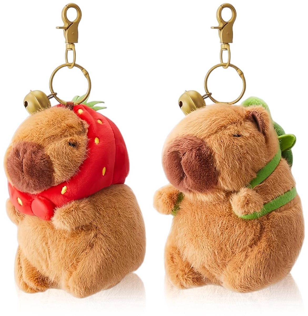 casalora® - Capybara sleutelhangers - Capybara knuffel - 2 stuks - Schildpad Tas - Aardbeien Capuchon - Pluche Dierenhanger - Cadeau-uitwisseling voor Afstuderen & Verjaardagen