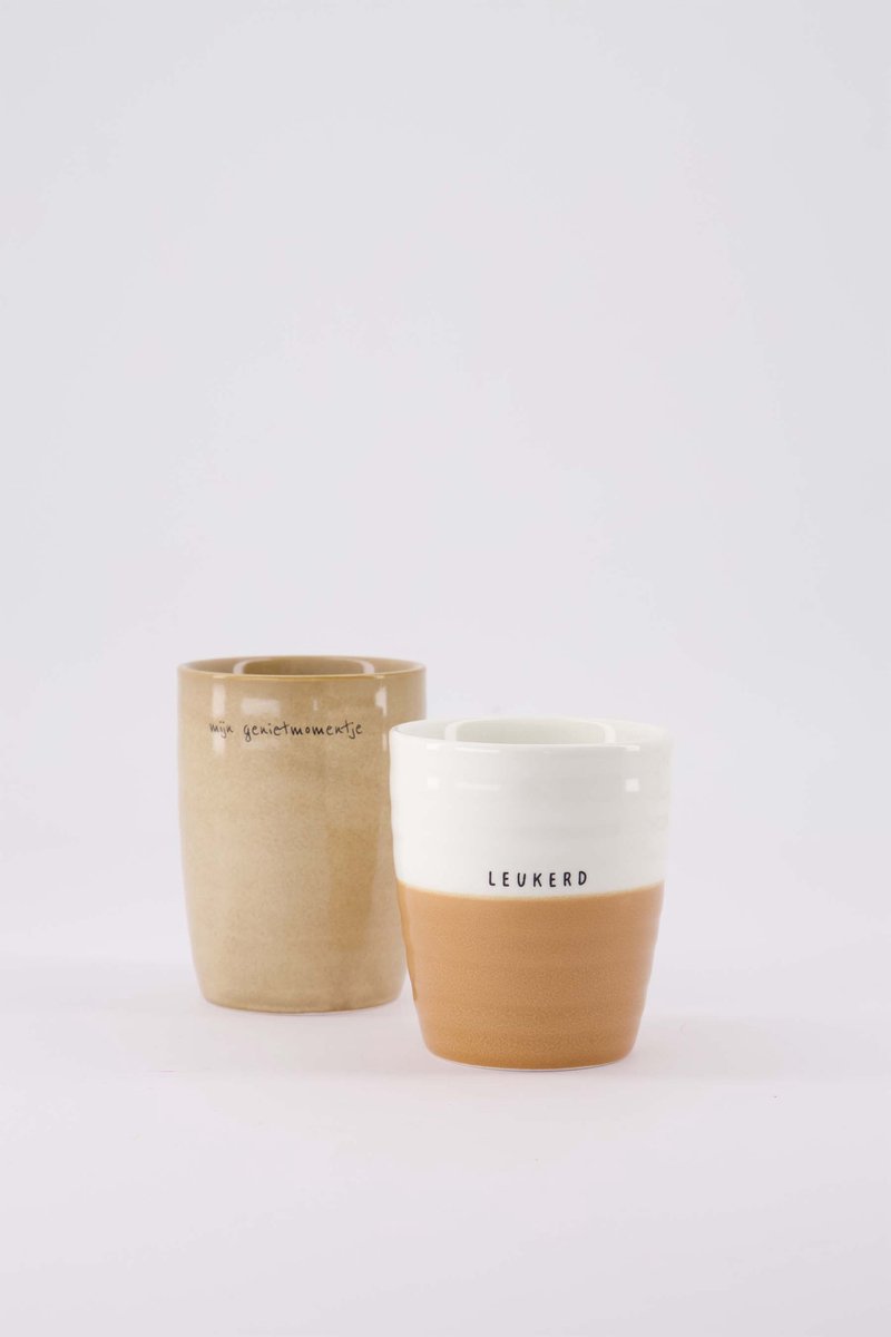 Zusss Cadeauset Koffiemokken Leukerd & Genietmomentje - 2 X 210Ml Keramiek Wit / Camel
