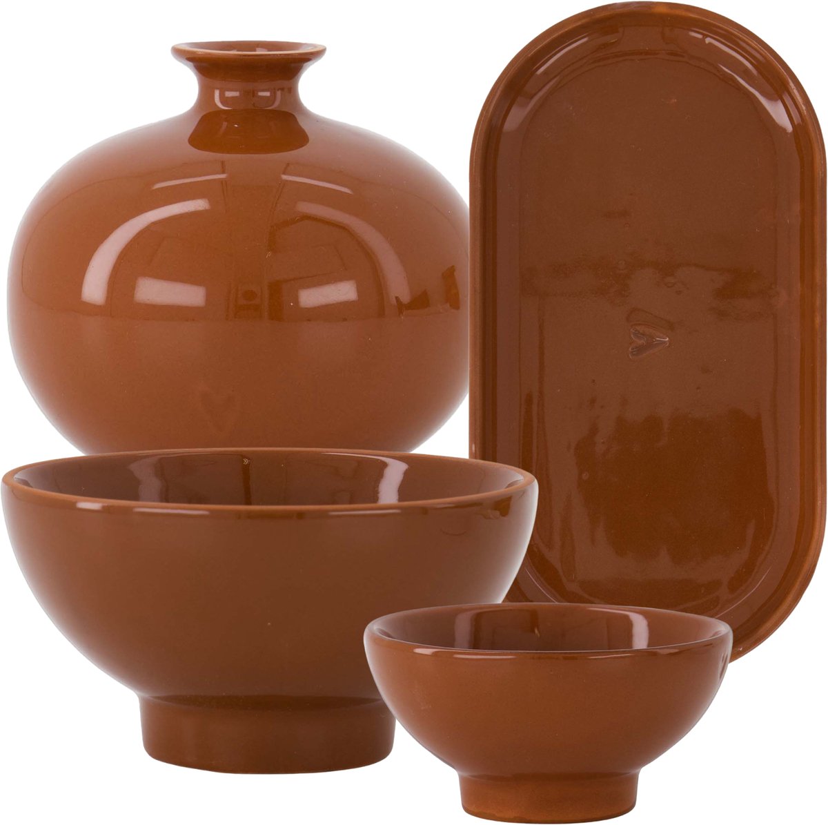 Zusss Set Van 4 Terracotta Woonaccessoires Hartje - Vaasje, Tray, Kom En Schaaltje - Terracotta Bruin