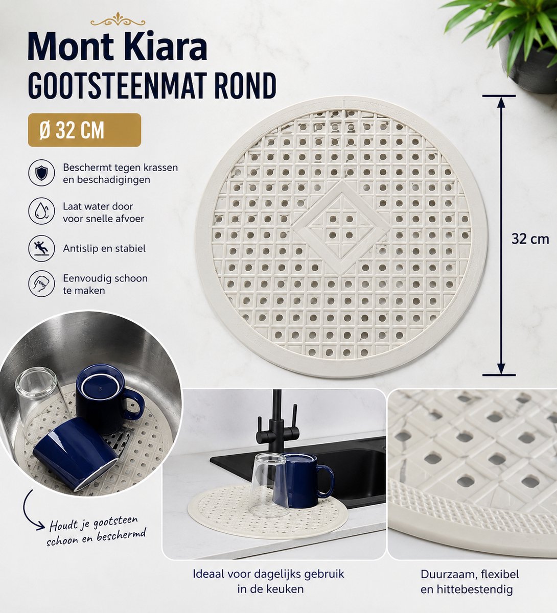 Mont Kiara Gootsteenmat Rond Ø 32 cm – Antislip Spoelbakmat – Beschermmat voor Gootsteen – Krasbescherming – Waterdoorlatend – Keukenaccessoire
