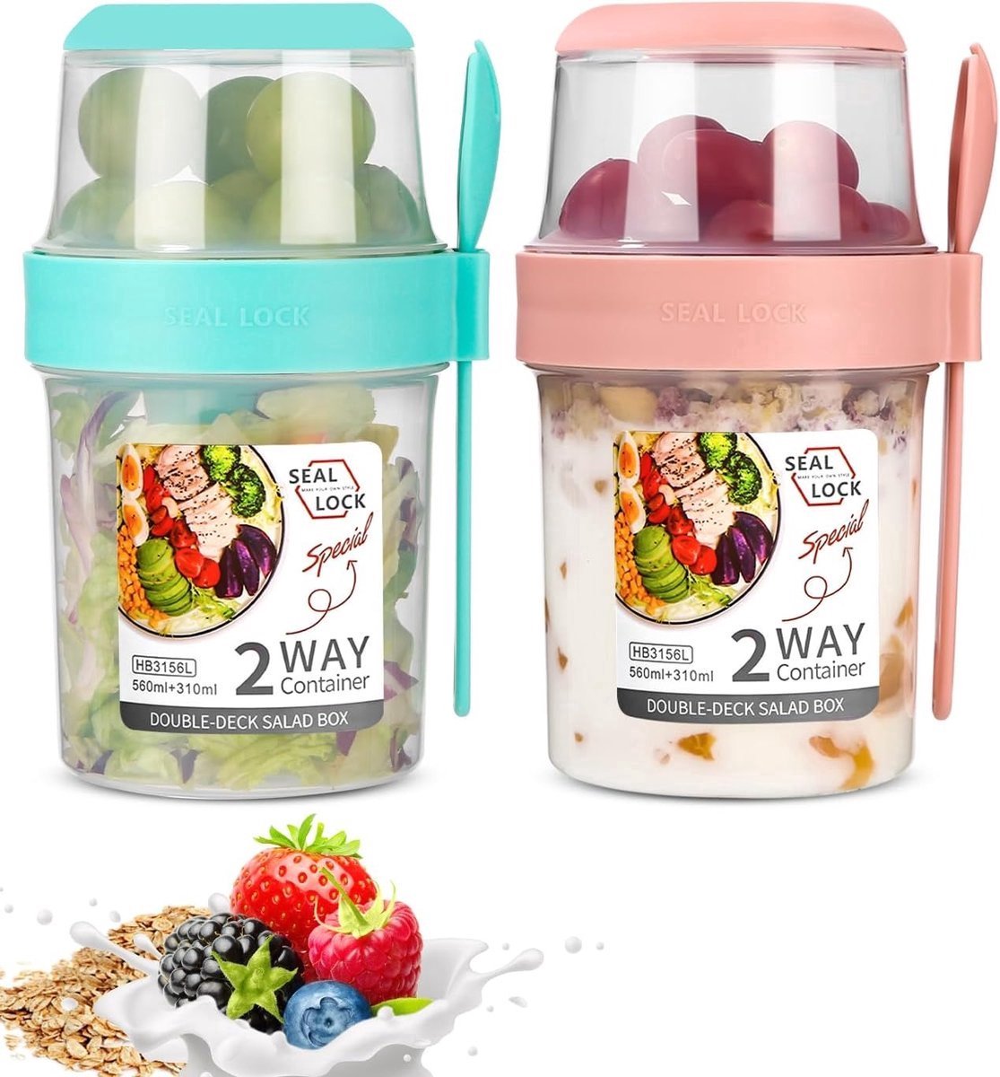 2-in-1 Yoghurtbeker To Go - Draagbare Ontbijtkom met Lepel - Overnight Oats Pot - Herbruikbare Yoghurt & Muesli Beker - Plastic Ontbijtkommen (Roze + Groen) - 310ml + 560ml