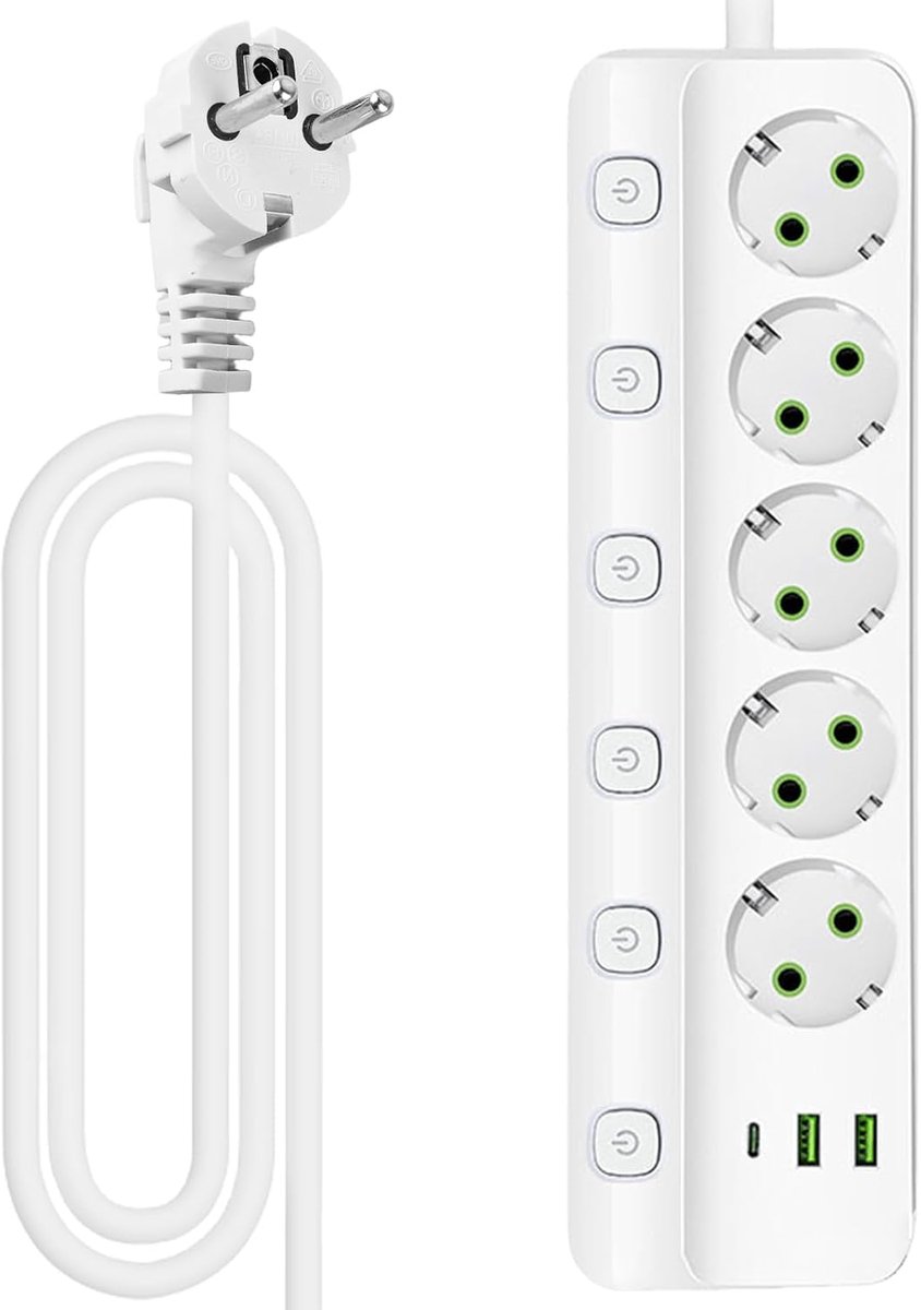 5-standen USB-stopcontact met schakelaar - Beschikt over 2 USB-B-poorten en 1 Type-C-poort - Wandcontactdoos - 2500W - Overspanningsbeveiliging - Geschikt voor thuis en op kantoor - 2 meter kabel