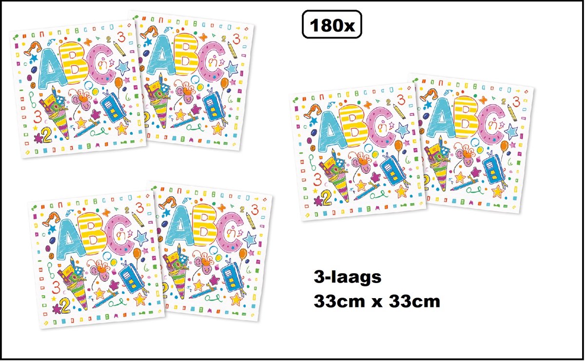 180x Servetten ABC 33cm x 33cm - 3 laags - School Luxe Servet diner eten knoeien restaurant