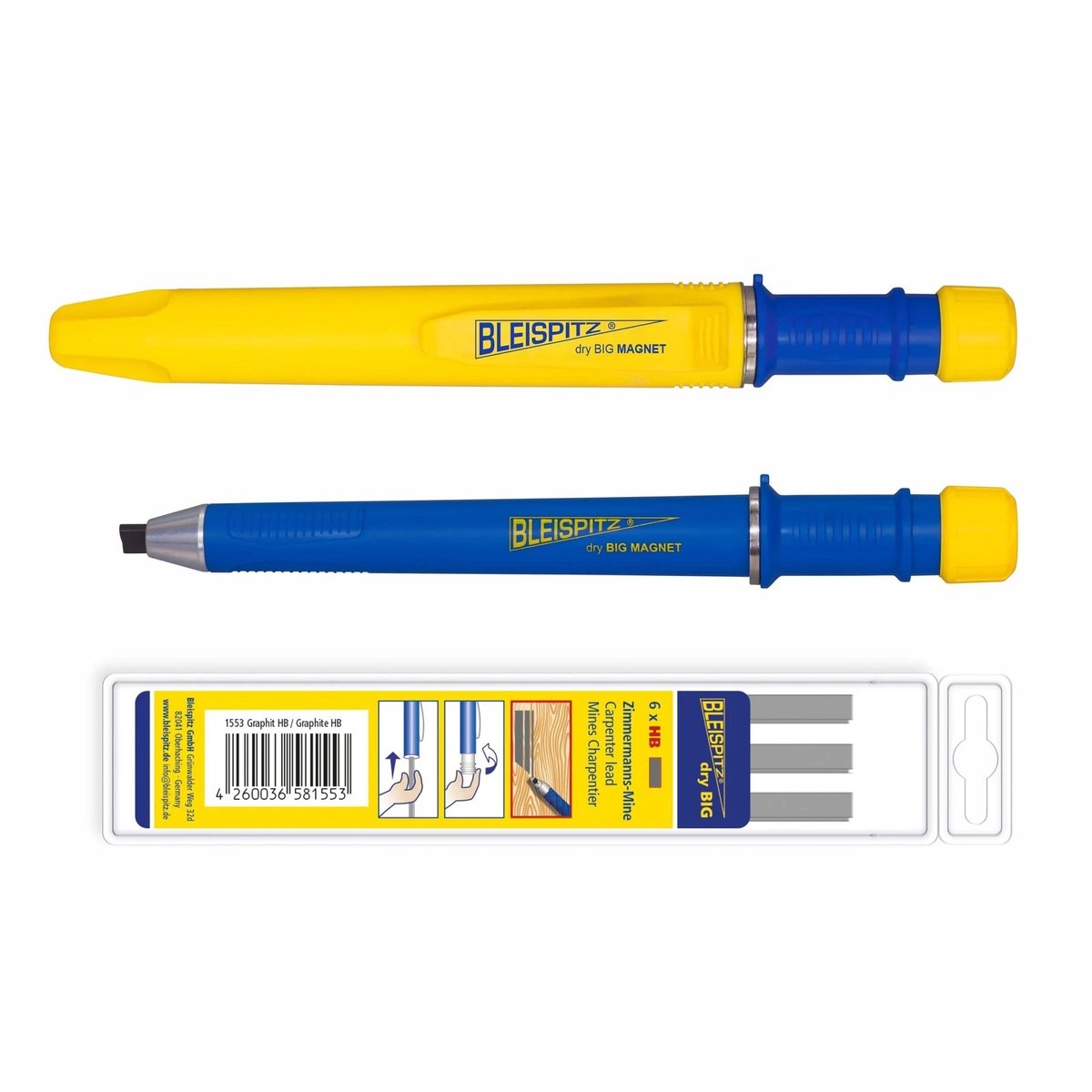 Bleispitz - automatisch timmermanspotlood met magneet + 6x timmermansstift