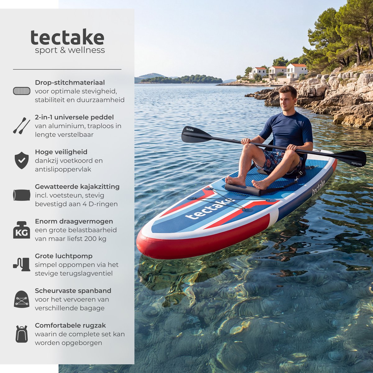 tectake® Stand-Up Paddle Board 320 cm – 2-in-1 Opblaasbaar SUP Board – Complete Set met Kajakzitje, Peddel, Pomp en Rugzak – Antislip EVA Dek – Max. 200 kg – rood / blauw – foto 8