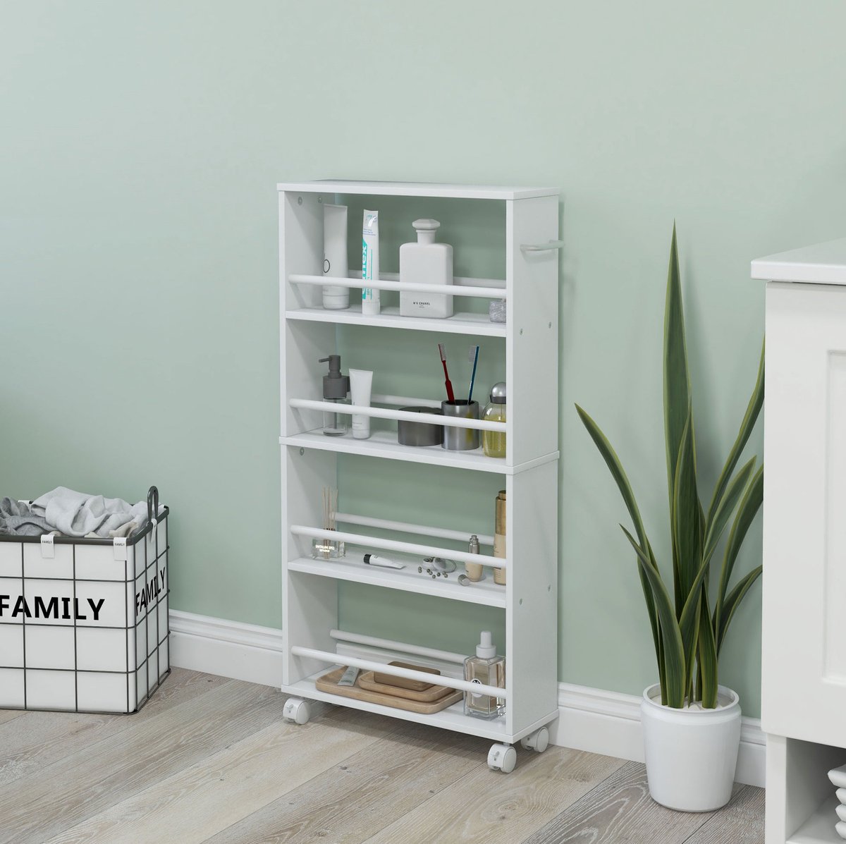 Serveerwagen Smal Met 4 Planken – 45 X 15 X 91 Cm – Spaanplaat – Wit – Voor Keuken Badkamer En Woonkamer – Met Wielen