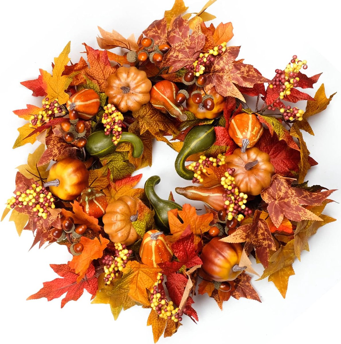 1 Herfstkrans voor de voordeur - 40×40cm - met pompoenen en esdoornbladeren - Perfect voor Thanksgiving, oogstfeesten, binnen- en buitendecoraties - Oranje