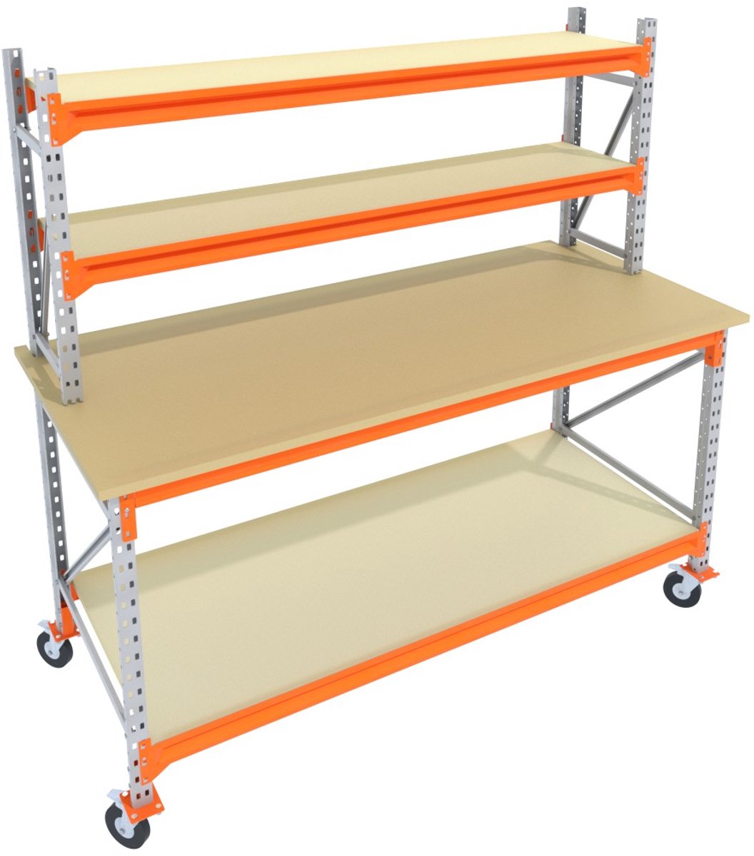 Werkbank of Inpaktafel op wielen GALVA 200cmx105cm - 2 niveaus (multiplex, 2 opbouw, zwarte wielen)