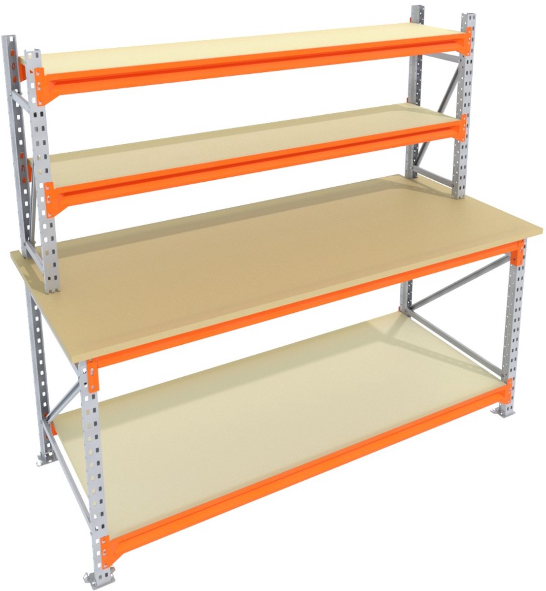 Werkbank of Inpaktafel vast GALVA 200cmx105centimeter - 2 niveaus (2 opbouw, multiplex)