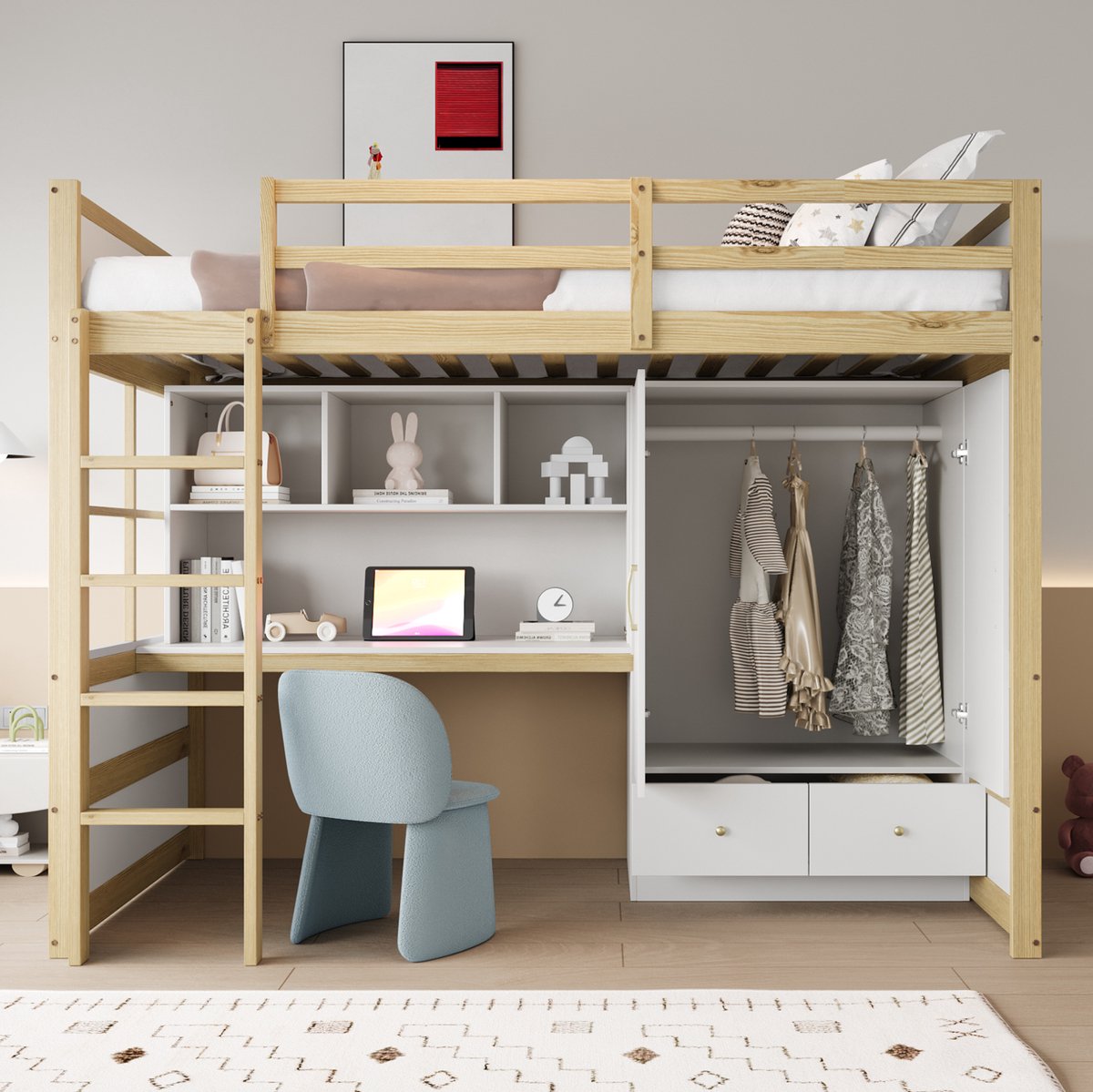 Wishdor Hoogslaper 90x200 cm - Met bureau en kledingkast - Met lades en ladder - Modern minimalistisch - Kinderkamer slaapkamer - Hout en MDF - Naturel en wit Natuurhout