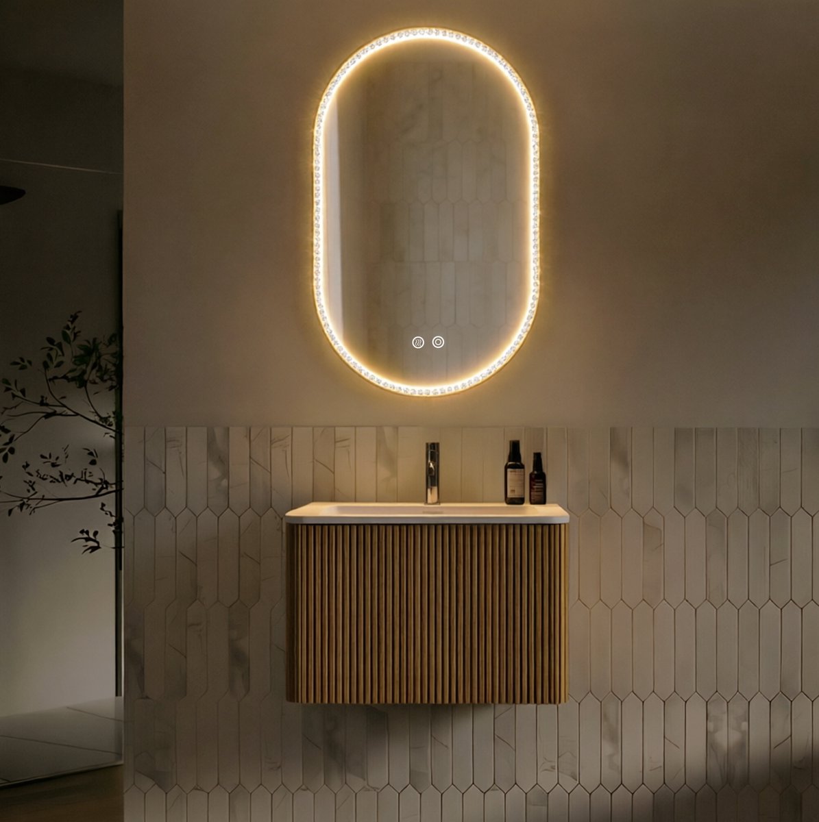 OKWISH Badmeubelset Kast - Wandgemonteerde Wastafelonderkast Met LED Spiegel - Ruimtebesparend voor Badkamer - Houtkleur - 61 x 46,5 x 37 cm