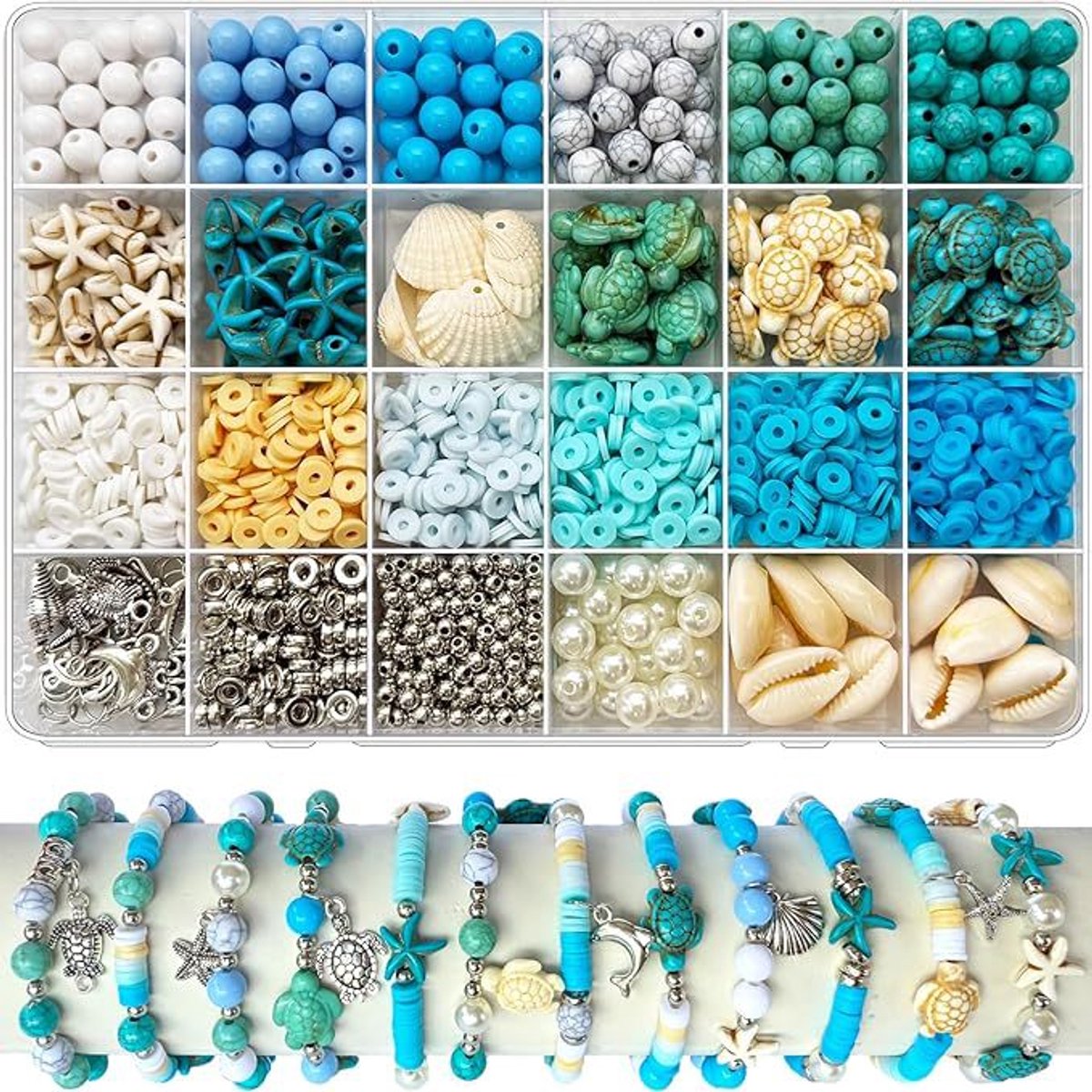 DIY Kralenset voor Handgemaakte Armbanden – 24 Vakjes Opbergdoos met Losse Zaadkralen, Polymeerklei Kralen en Schelpen, Zomers Oceaan Thema, Compleet voor het Maken van Sieraden