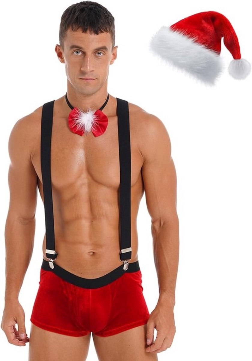 Heren Sexy Kerst Lingerie Set String Boxershort Kerstman Kostuum