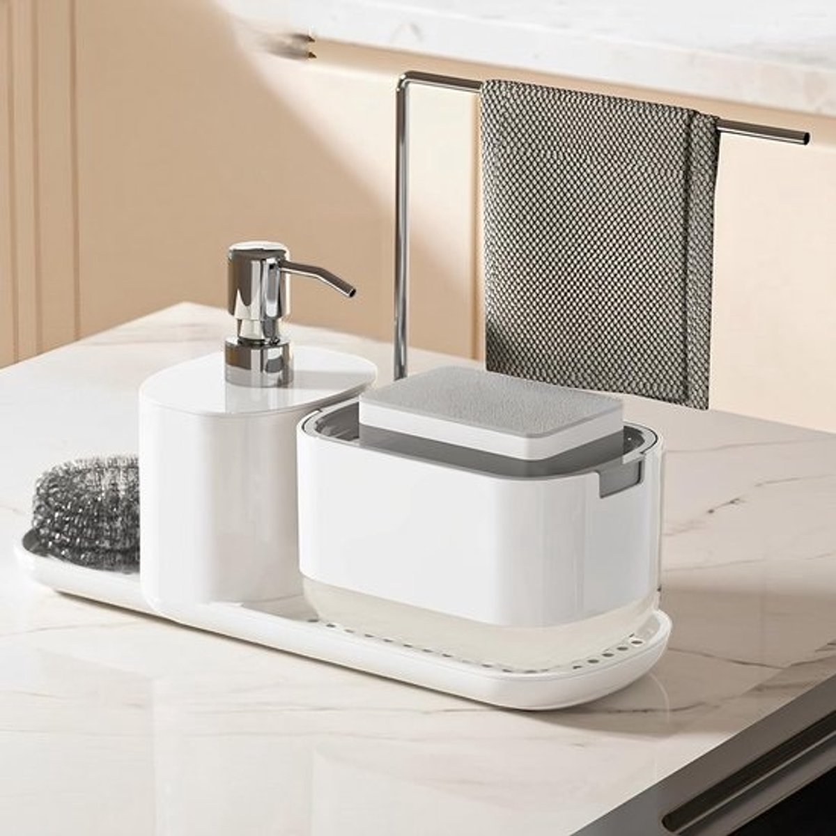 4-in-1 Keuken Organizer met Zeepdispenser en Sponshouder voor Aanrecht