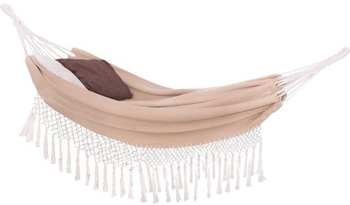 Dubbele hangmat met franjes en 2 kussens - Bohemian stijl - 200 x 150 cm - beige
