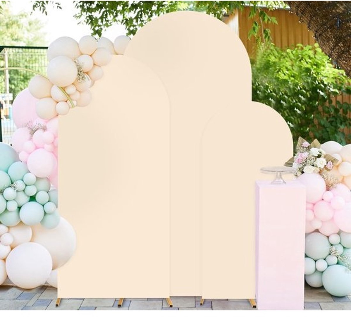 Set van 3 Arch Achtergrondhoezen Dubbelzijdig Beige Stof voor Feest en Bruiloft Decoratie