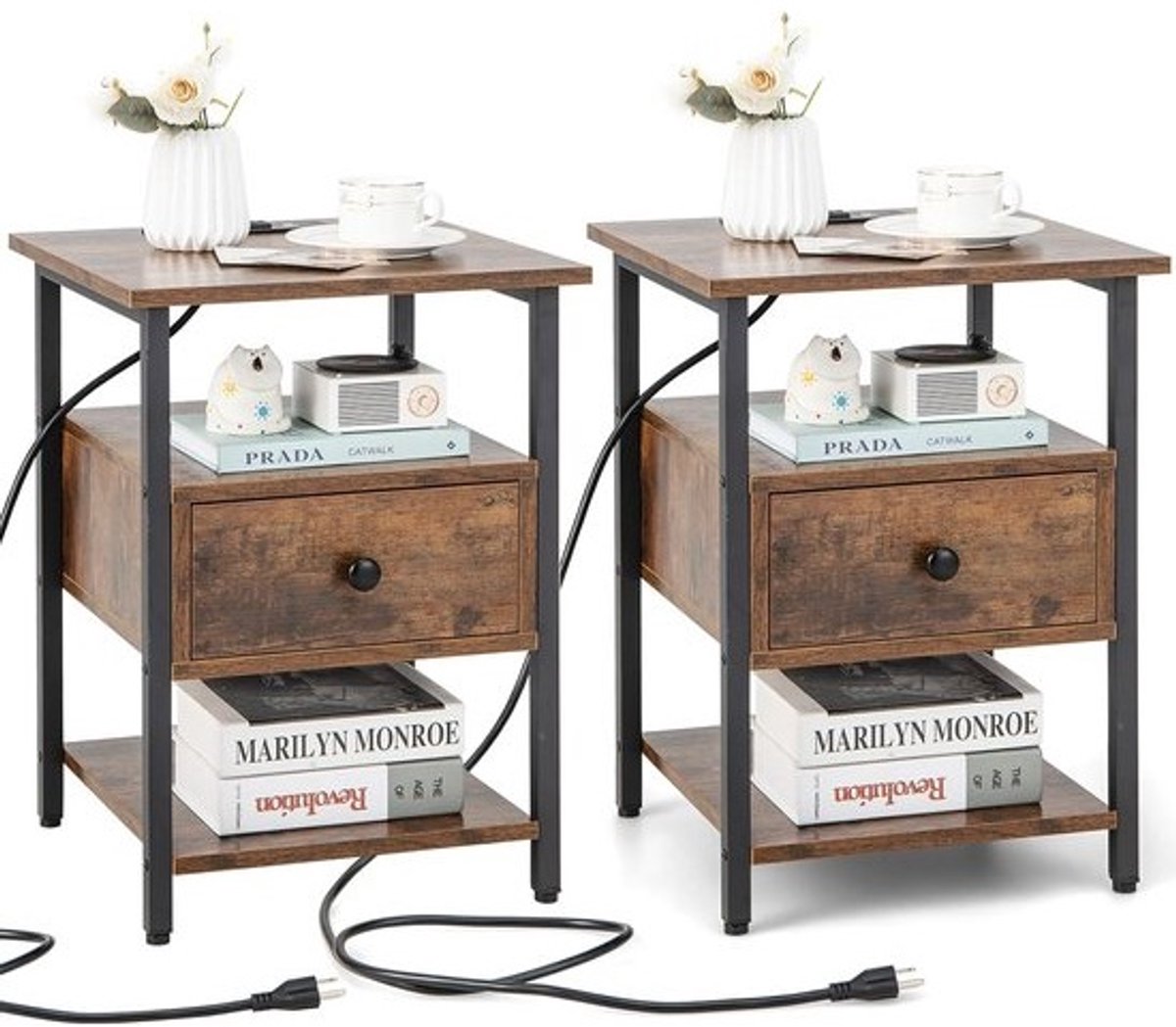 Set van 2 Nachtkastjes met Laadstation – 2 Stopcontacten, USB & Type-C – Rustiek Bruin