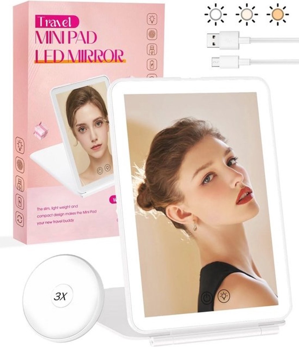 Draagbare Make-up Spiegel met Verlichting - Oplaadbare LED Spiegel met Dimbare Touchscreen, 3 Kleuren Verlichting voor Reizen