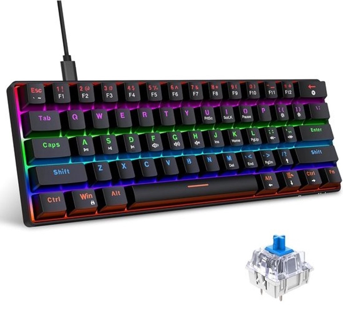 Mechanisch Gaming Toetsenbord 60% Compact - RGB Verlichting - 61 Toetsen - Blue Switches - Zwart