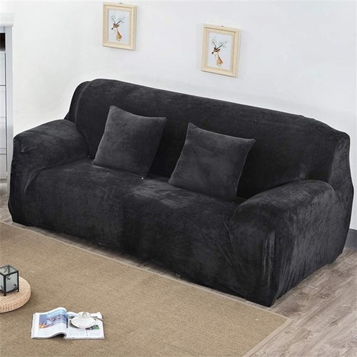 Super Zachte Elastische Bankhoes - Antislip & Verwijderbaar - Beschermhoes voor Bank en Stoel (Zwart Pluche)