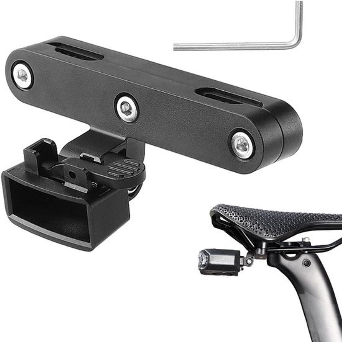 Fiets achterlicht houder - Zadelbevestiging - Verbeterde Zichtbaarheid - Inclusief montagesleutel - 8.4 x 3.1 cm - Zwart