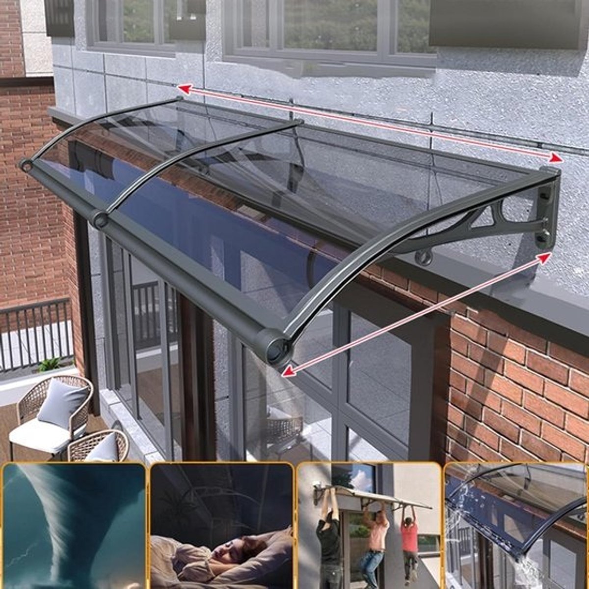 Voordeur Luifel - Regenscherm Entree - Huis Beschermen - Automatische Waterafvoer - 60 x 250 cm - Grijs