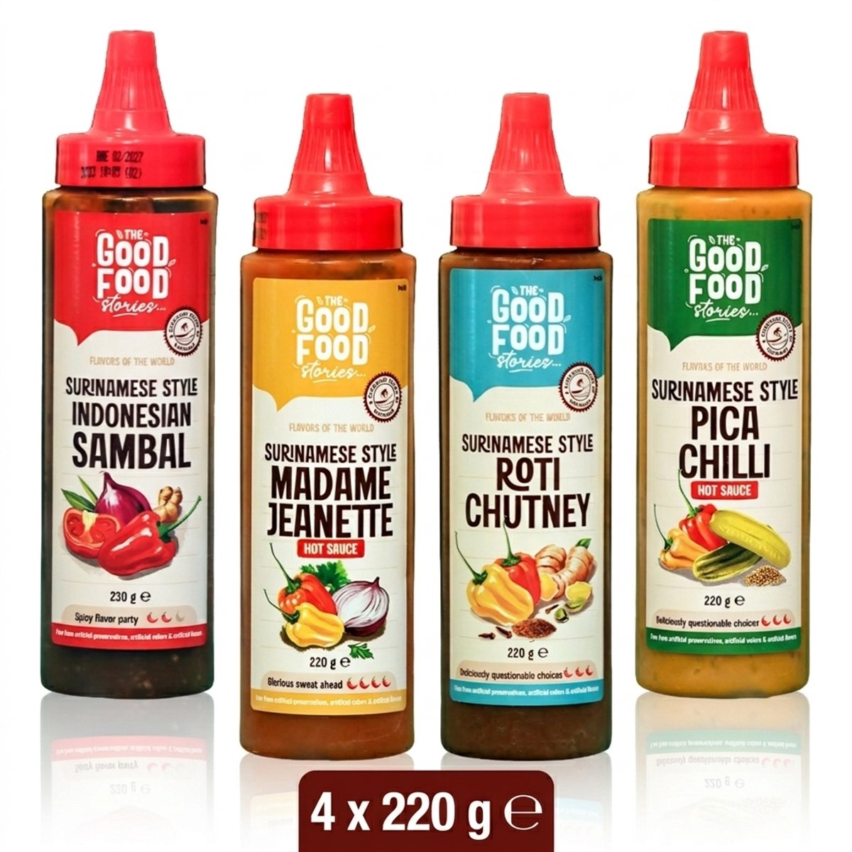 Surinaamse Pittige Hotsauce Sambal Spuitfles Mix Pakket - Madame Jeanette, Javaanse, Pica Chilli & Roti Chutney - The Good Food Stories (TGFS) - 4 x 220g