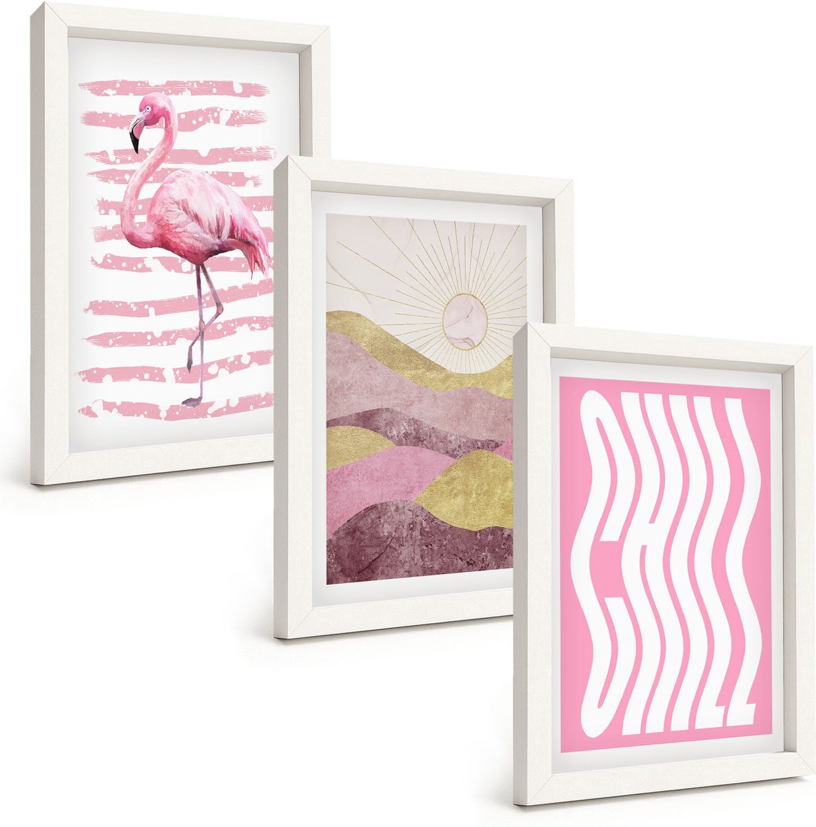 Wallfluent 3-Delige Schilderij Set - Roze Flamingo'S, Pastelkleurig Berglandschap, Relaxte Belettering - 20 x 30 - Stijlvolle Muurdecoratie - Kantoor - Wanddecoratie