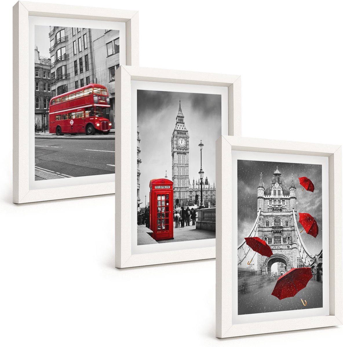 Wallfluent 3-Delige Schilderij Set - Rode Accenten En Beroemde Londense Gebouwen - 20 x 30 - Moderne Wanddecoratie - Slaapkamer - Stijlvolle Muurdecoratie
