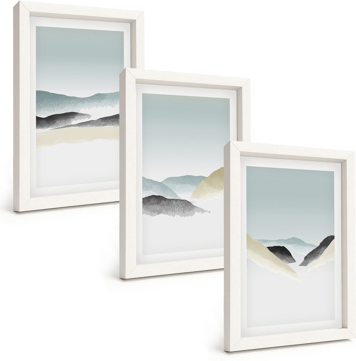 Wallfluent 3-Delige Schilderij Set - Minimalistische Bergen In Delicate Pasteltinten - 20 x 30 - Schilderijen Set - Wanddecoratie - Woonkamer - Interieur Decoratie