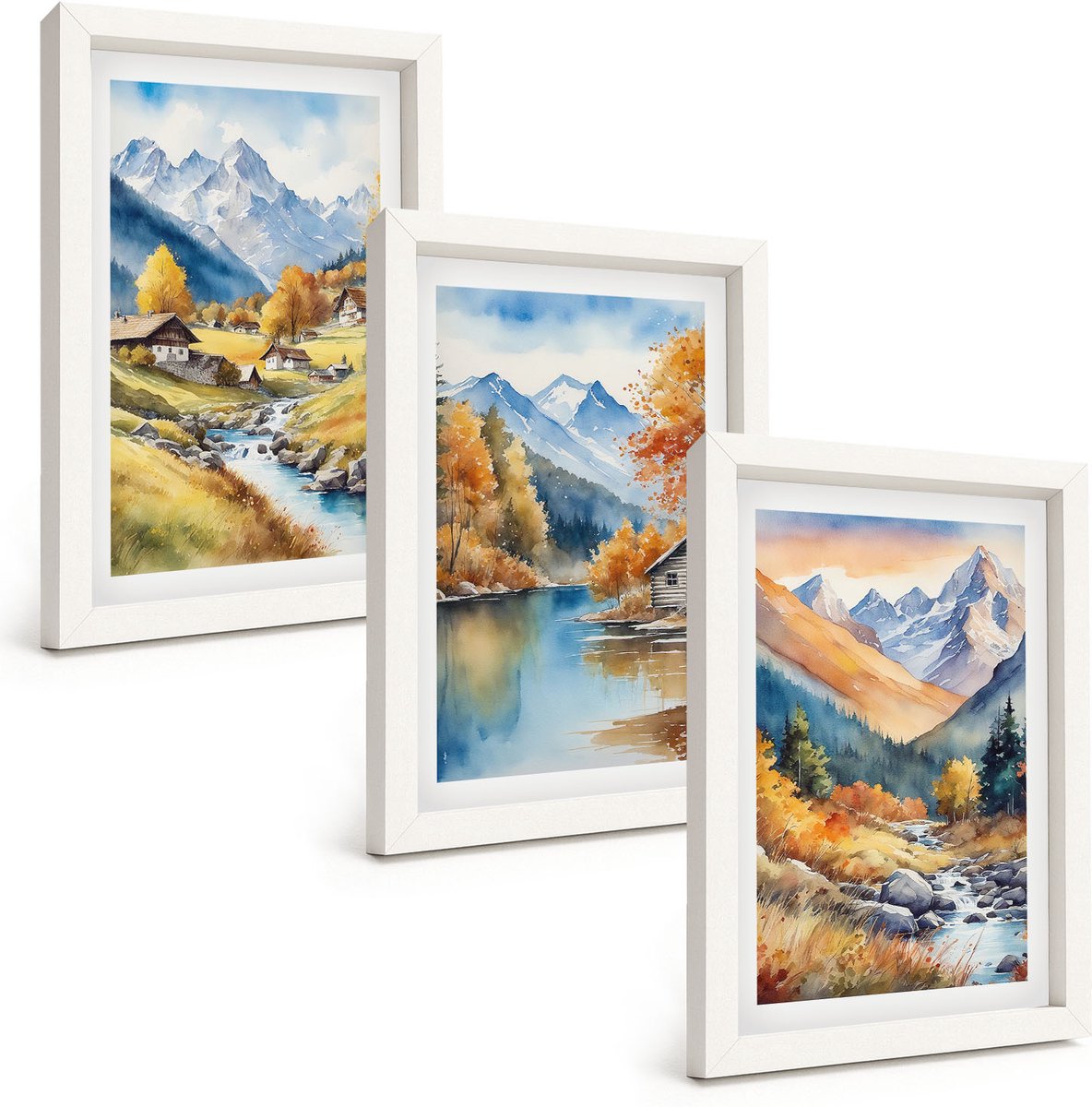 Wallfluent 3-Delige Schilderij Set - Geschilderde Herfstbergen Met Een Rivier En Huisjes - 20 x 30 - Decoratieve Schilderijen - Woonkamer - Interieur - Woonkamer Decoratie