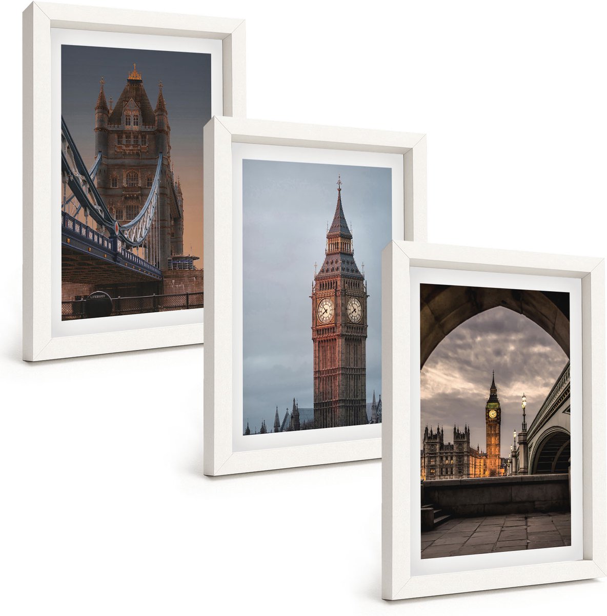 Wallfluent 3-Delige Schilderij Set - Uitzicht Op Londen Met De Brug En De Big Ben. - 20 x 30 - Stijlvolle Muurdecoratie - Kantoor - Woonkamer Decoratie