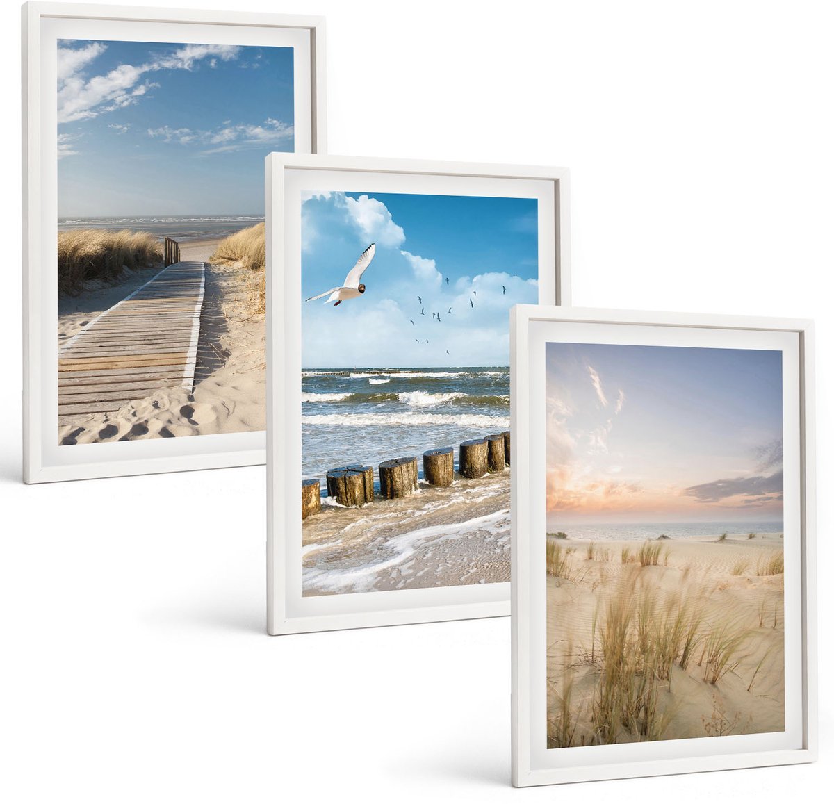 Wallfluent 3-Delige Schilderij Set - Strand Met Zand, Golven, Lucht En Vogels In De Lucht. - 40 x 60 - Stijlvolle Muurdecoratie - Slaapkamer - Woonkamer Decoratie
