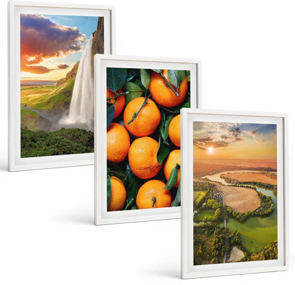 Wallfluent 3-Delige Schilderij Set - Waterval Bergen Sinaasappels Italiaans Landschap Zonsondergang - 40 x 60 - Wanddecoratie - Moderne Interieurdecoratie - Decoratieve Schilderijen