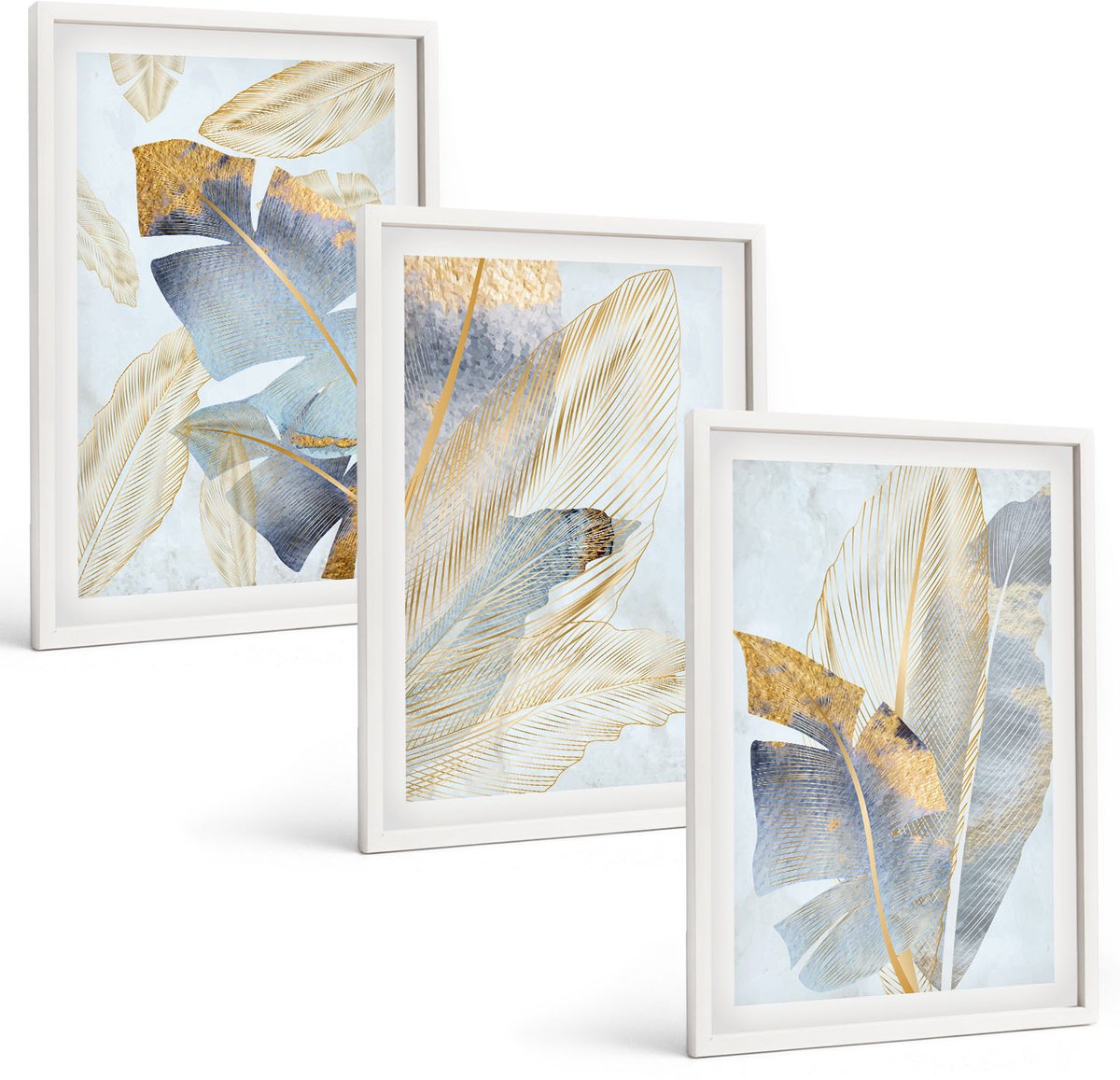Wallfluent 3-Delige Schilderij Set - Bladeren In Blauwe En Beige Tinten Op Een Lichte Achtergrond. - 40 x 60 - Wanddecoratie - Woonkamer Decoratie